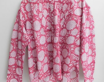 Indian Cotton Block Printed Blouse Floral Print Short Pink Tunic Formal Shirt Summer Casual Top Boho Dress