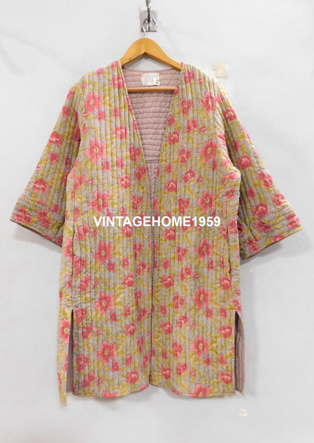 Vintage Silk Floral Quilted Jacket, Recycled Sari Handmade Long Coat