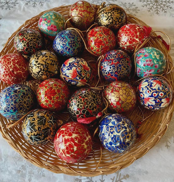 Hand-painted Kashmiri Paper Mache Christmas Ornaments, Floral