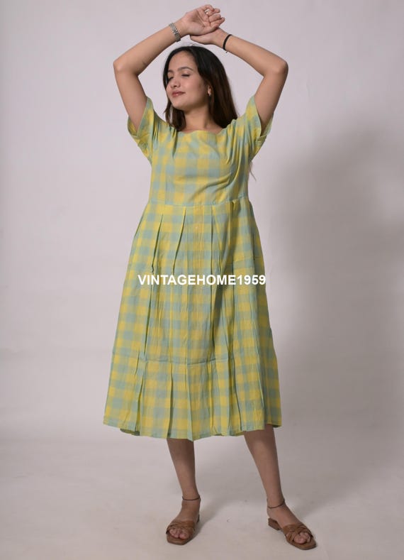 Green Gingham Cotton Handloom Dress, Cottagecore Boho Tunic