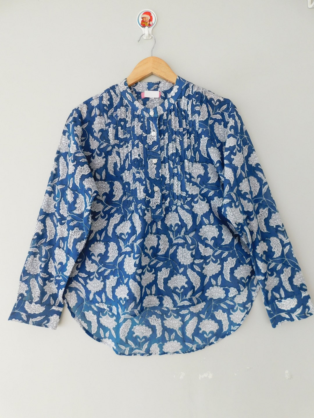Blue Floral Print Cotton Shirt, Peter Pan Pintuck Short Blouse Summer ...
