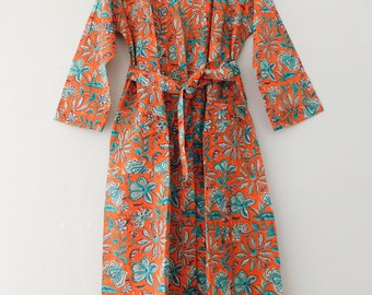 Orange Floral Printed Women Kimono Bridesmaid Robe Sleepwear Short Dressing Gown Bathrobe