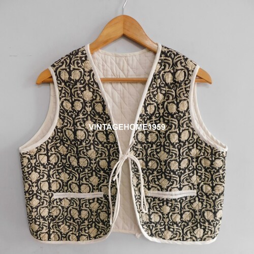 Cotton Vest Block Print Vest Coat Black 