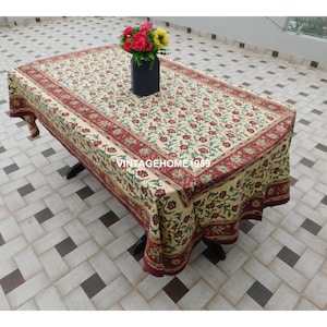 Hand Block Printed Cotton Tablecloth: Indian Floral Table Cover, 6 Seater