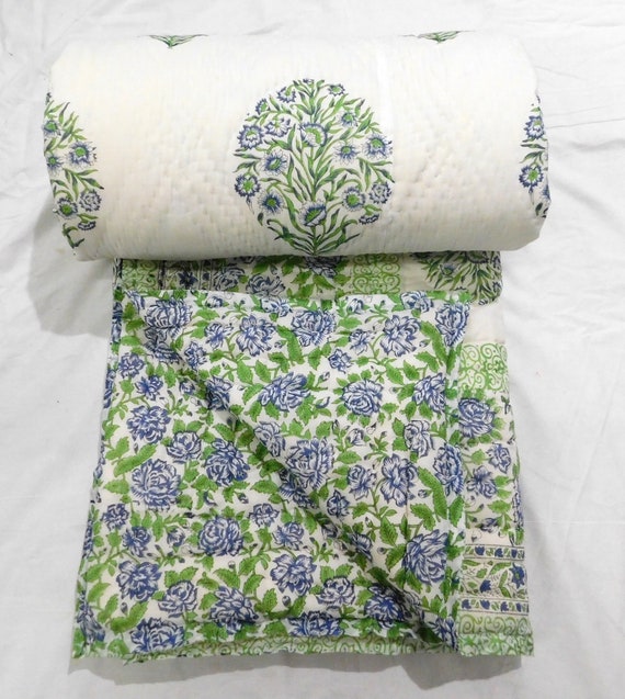 Hand Block Printed Queen Quilt: Reversible Jaipuri Cotton Razai