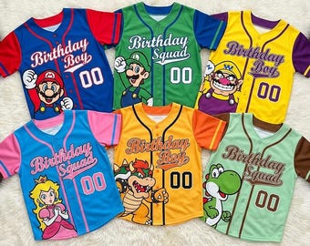 Super Mario Birthday Baseball Jersey Custom Name, Birthday Boy Girl Mario Shirt, Mario Birthday Squad Family Matching Party Jersey