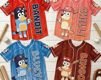 Bluey Baseball Jersey Personalized, Bandit Bingo Custom Name Shirt, Kids Bluey Birthday Outfit, Cartoon Family Matching Jersey Gift