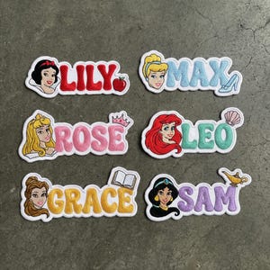 May include: Embroidered patches featuring Disney princess characters and names: Lily, Max, Rose, Leo, Grace, and Sam. Each patch has a princess portrait and a name in a colorful, bubble-style font, with additional themed icons.