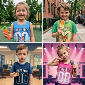 Pu&ograve; includere: Una collezione di quattro maglie sportive senza maniche a tema personaggi. Le maglie riportano i nomi Judy Hopps, Nick Wilde, Chief Bogo e Gazelle, ciascuna con il numero 00 stampato sul davanti in un carattere atletico bianco e audace.