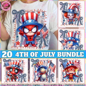 20 Designs Preppy 4th Of July PNG Bundle, Movie Characters, 4th Of July Design, USA Flag Png, America Coquette, Patriotic Png, Digital File