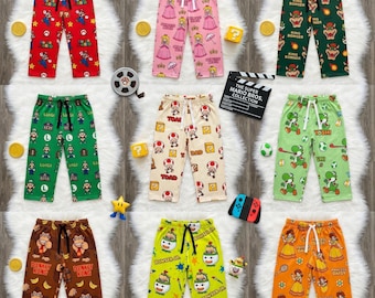 Super Mario Pajama Pants , Nintendo Character Pajamas, Mario Luigi Yoshi Peach Bowser Sleepwear, Gamer Birthday Gift