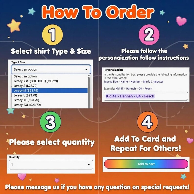May include: An instructional graphic titled How To Order with four numbered steps. It displays a dropdown menu for shirt type and size, a personalization text box for name and character details, a quantity selector, and an Add to cart button.
