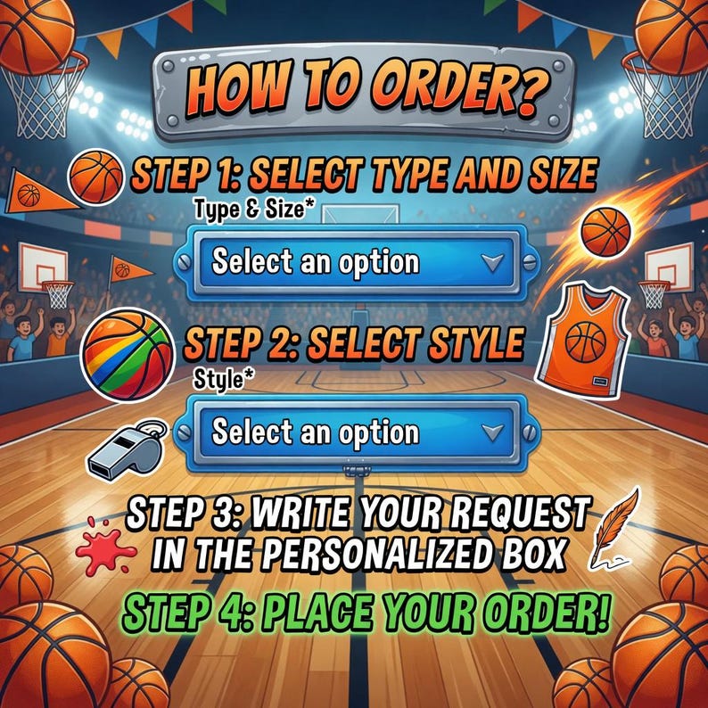 May include: A basketball-themed graphic with instructions on how to order. The steps include selecting type and size, style, writing a request, and placing an order. The image features basketballs, a jersey, and a basketball court background.