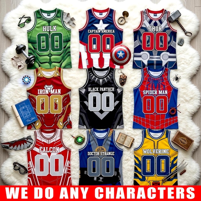 May include: Nine superhero-themed basketball jerseys, including Hulk, Captain America, Thor, Iron Man, Black Panther, Spider-Man, Falcon, Doctor Strange, and Wolverine. Each jersey features a character's name and the number "00". The text "WE DO ANY CHARACTERS" is at the bottom.