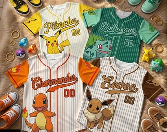 Custom PKM Baseball Jersey for Kids, Pikachu Charmander Squirtle Cartoon Jersey Tees, PKM Birthday Gift for Kids, Anime Kids Baseball Jersey