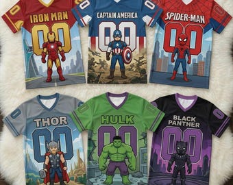 Personalized Avengers Football Jersey Custom Name, Super Hero Birthday Jersey, Avengers Squad Shirt Family Matching Party Outfit Marvel Gift