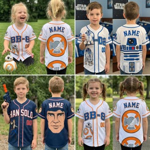 Camiseta de béisbol personalizada de Star Wars para niños, camiseta de dibujos animados de Darth Vader, Yoda y Grogu, regalo de cumpleaños de Star Wars para niños, camiseta para niños fanáticos de la galaxia. imagen 2
