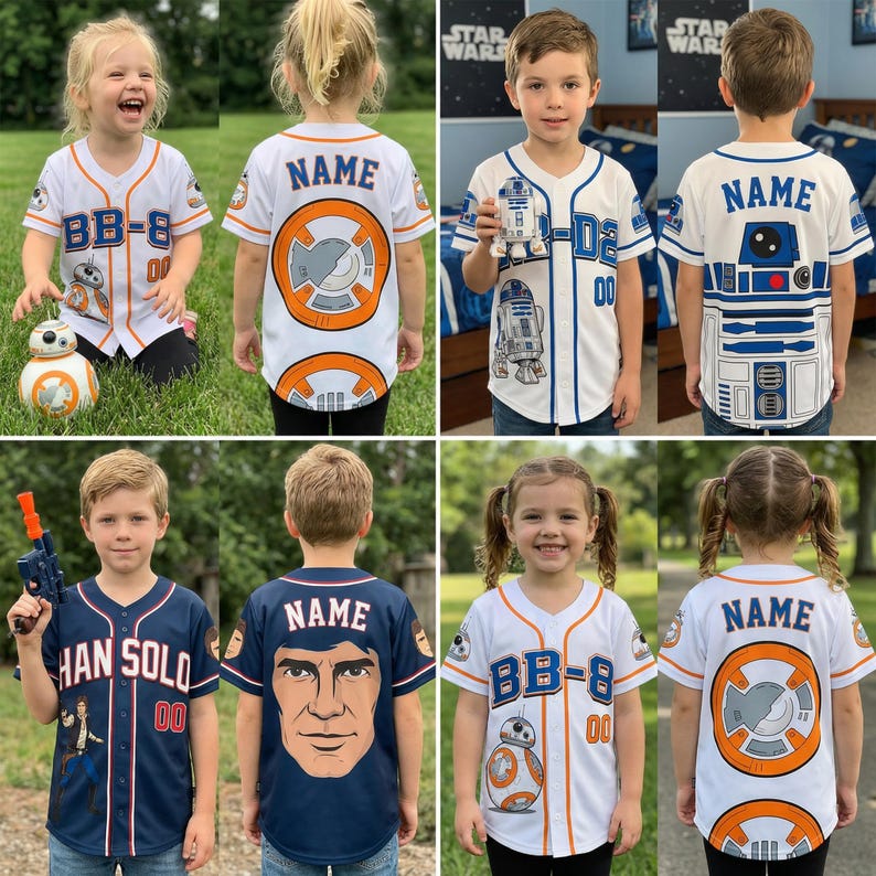 Camiseta de béisbol personalizada de Star Wars para niños, camiseta de dibujos animados de Darth Vader, Yoda y Grogu, regalo de cumpleaños de Star Wars para niños, camiseta para niños fanáticos de la galaxia. imagen 2