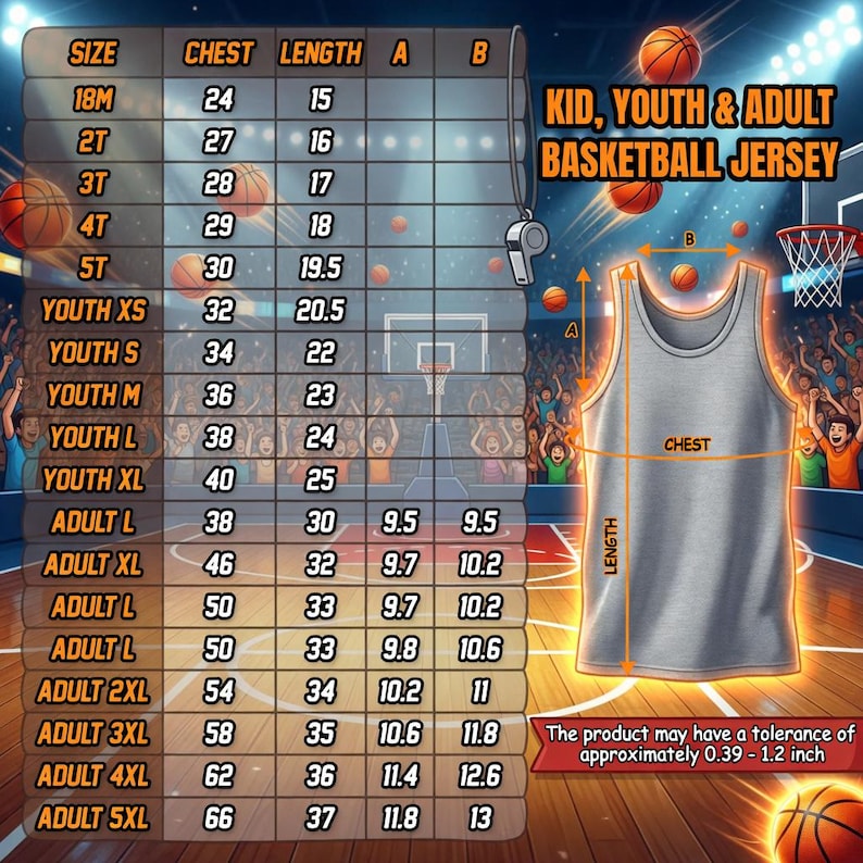 May include: A gray basketball jersey with size and measurement details. The chart includes chest and length measurements in inches for youth and adult sizes. Text on the image reads "KID, YOUTH & ADULT BASKETBALL JERSEY". The product may have a tolerance of approximately 0.39 - 1.2 inch.