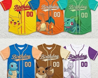 Camiseta de béisbol personalizada de cumpleaños PKM con nombre personalizado, camiseta PKM para niño o niña que cumple años, camiseta a juego para la fiesta familiar de cumpleaños de Pikachu y Eevee