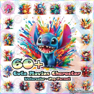 60+ Designs Cartoon PNG Bundle, Movies Character Png, Colorful Watercolor Png, Cute Superhero Png, Game Png, Commercial Use, Digital File