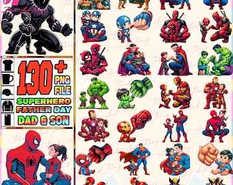 Paquete de más de 130 diseños de superhéroes y sus hijos (PNG), diseño de camiseta familiar de superhéroes, regalos para la familia, uso comercial, descarga digital