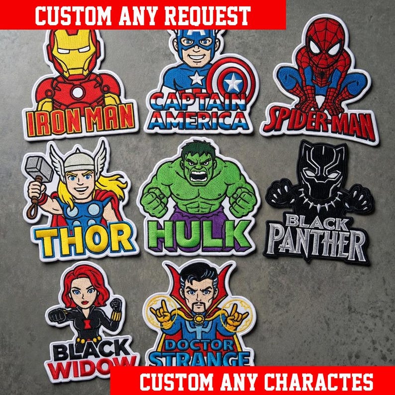 May include: A collection of eight embroidered patches featuring Marvel comic book characters including Iron Man, Captain America, Spider-Man, Thor, Hulk, Black Panther, Black Widow, and Doctor Strange, each with their name printed below the figure.