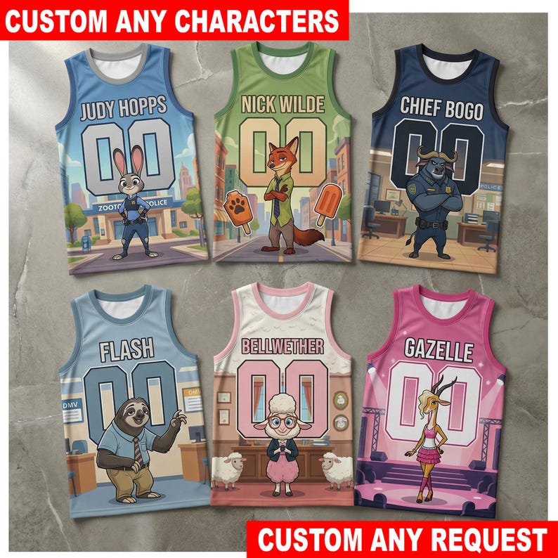 Zootopia Basketball Jersey, Judy Hopps Nick Wilde Character Jersey, Flash Gazelle Chief Bogo Shirt, Zootopia Fan Gift For Kids immagine 1
