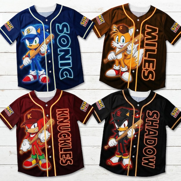 Custom Sonic Kids Baseball Jersey, Sonic Tails Knuckles Shadow Cartoon Shirt, Personalized Sonic Birthday Gift for Kids Jersey Y2K