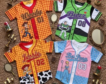 Custom Toy Story Baseball Jersey for Kids, Woody Buzz Lightyear Jessie Cartoon Tee, Toy Story Birthday Gift for Kids, Pixar Kids Jersey Y2K