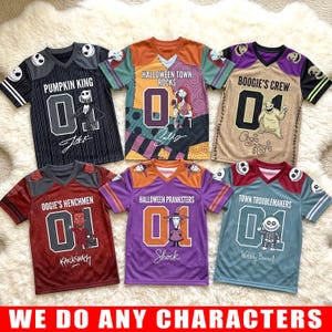 May include: Six short-sleeve V-neck jerseys featuring characters from The Nightmare Before Christmas. Each shirt displays a large number 01, character graphics, and text including Pumpkin King, Halloween Town Rocks, Boogie's Crew, and others.