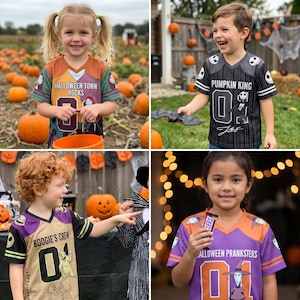 May include: A collection of four V-neck jerseys featuring Nightmare Before Christmas themes. The shirts display text including HALLOWEEN TOWN ROCKS, PUMPKIN KING, BOOGIE'S CREW, and HALLOWEEN PRANKSTERS, each with the number 01 and character graphics.