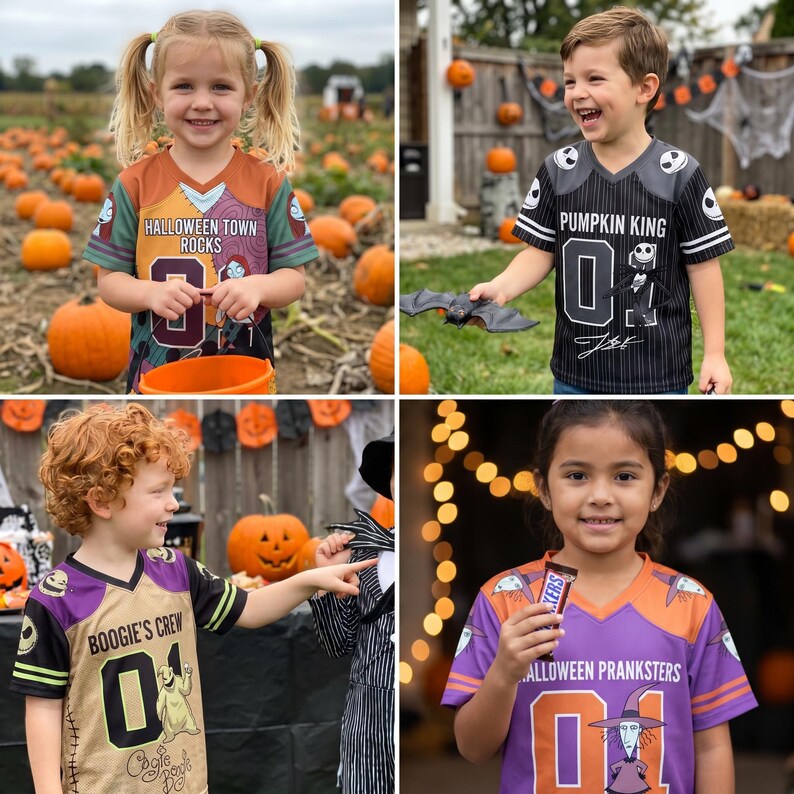 May include: A collection of four V-neck jerseys featuring Nightmare Before Christmas themes. The shirts display text including HALLOWEEN TOWN ROCKS, PUMPKIN KING, BOOGIE'S CREW, and HALLOWEEN PRANKSTERS, each with the number 01 and character graphics.