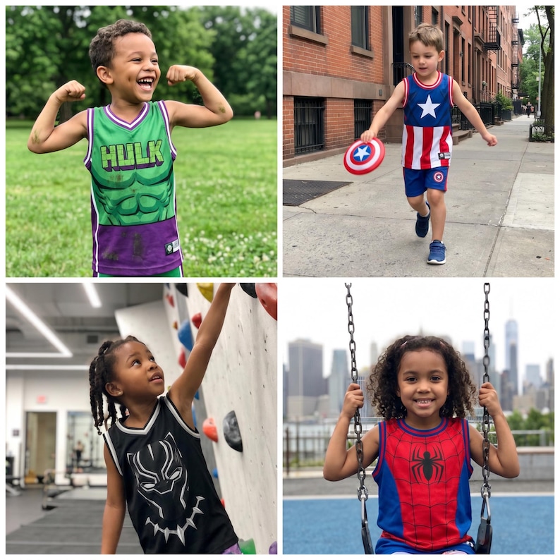 May include: Four children wearing superhero-themed jerseys. One child flexes in a green Hulk jersey. Another runs in an American flag-themed jersey with a shield. A third climbs in a Black Panther jersey. The last child swings in a Spider-Man jersey.
