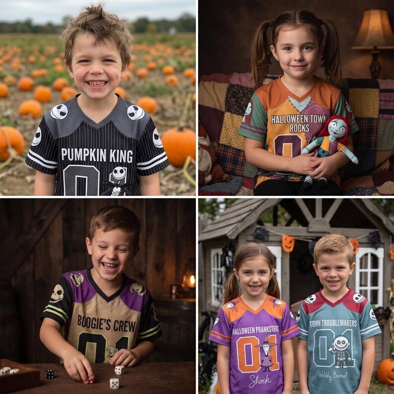 May include: A collection of V-neck jerseys featuring various graphic designs inspired by The Nightmare Before Christmas, including text such as PUMPKIN KING, HALLOWEEN TOWN ROCKS, BOOGIE'S CREW, HALLOWEEN PRANKSTERS, and TOWN TROUBLEMAKERS with numbers.