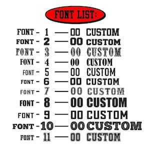 May include: A white background displays a red oval with the text "FONT LIST:". Below, eleven font styles are shown, each labeled "FONT -" followed by a number, then "- 00 CUSTOM" in black, bold text. The fonts vary in style.