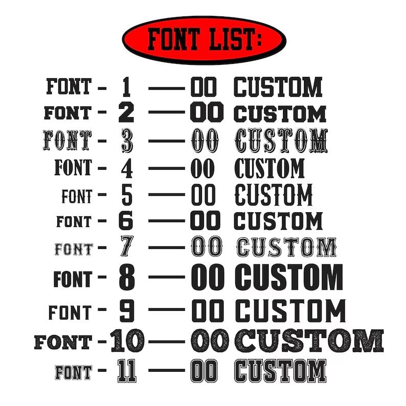May include: A white background displays a red oval with the text "FONT LIST:". Below, eleven font styles are shown, each labeled "FONT -" followed by a number, then "- 00 CUSTOM" in black, bold text. The fonts vary in style.