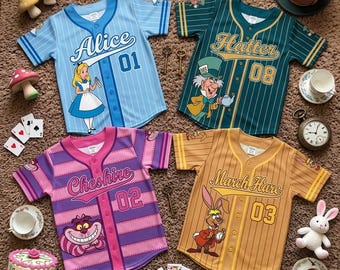Custom Alice In Wonderland Kids Baseball Jersey, Alice Mad Hatter Cheshire Cat Cartoon Shirt, Custom Disney Birthday Gift Kids Jersey Y2K