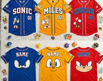 Custom Sonic Kids Baseball Jersey, Sonic Tails Knuckles Shadow Cartoon Shirt, Personalized Sonic Birthday Gift for Kids Jersey Y2K