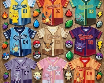 Camiseta de béisbol PKM personalizada para niños, camisetas de dibujos animados de Pikachu, Charmander y Squirtle, regalo de cumpleaños PKM para niños, camiseta de béisbol de anime para niños