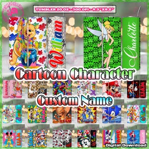 Lot de 70 modèles de noms personnalisés au format PNG, emballages pour gobelets de 59 cl, design PNG pour gobelets fins de 59 cl, personnages de dessins animés, cadeau pour enfants, fichier numérique