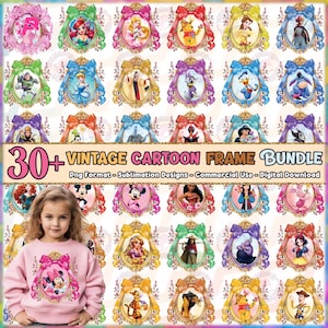 30+ Vintage Cartoon PNG Bundle, Frame Floral Png, Coquette Bow Png, Cute Princess Png, Sublimation Designs Png, Commercial Use, Digital File
