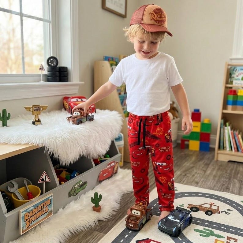 May include: A pair of red jogger pants featuring a repeating pattern of Lightning McQueen and other characters from the movie Cars, with a black drawstring waist. The pants are paired with a plain white t-shirt and a brown and tan mesh trucker hat.