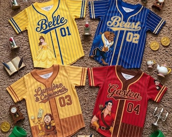 Custom Beauty and the Beast Kids Baseball Jersey, Belle Beast Lumiere Cogsworth Cartoon Shirt, Disney Birthday Gift for Kids Jersey Y2K