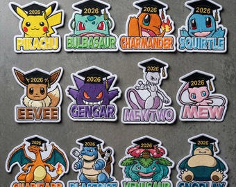 Custom PKM Graduation Patch 2026, Personalized Name Embroidery Patch Eevee Gengar Mew Iron On Gamer Gift USA: Iron on