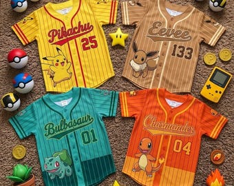 Custom PKM Baseball Jersey for Kids, Pikachu Charmander Squirtle Cartoon Jersey Tees, PKM Birthday Gift for Kids, Anime Kids Baseball Jersey