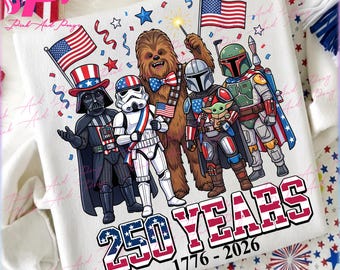 May include: A white canvas print featuring Star Wars characters Darth Vader, a Stormtrooper, Chewbacca, The Mandalorian, Boba Fett, and Grogu, all celebrating the 250th anniversary of the United States. The print includes American flags, stars, and the text "250 YEARS 1776-2026."
