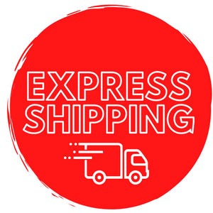 May include: A red circle with white text that reads "EXPRESS SHIPPING". Below the text is a white graphic of a delivery truck with speed lines, indicating fast shipping.