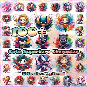 100+ Designs Superhero PNG Bundle, Cute Superhero Character, Colorful Watercolor Png, Superhero Villain Png, Commercial Use, Digital File