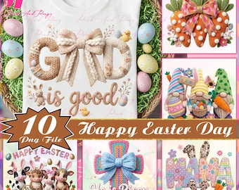 Paquete de 10 PNG de Pascua con hilo sintético de ganchillo, clipart de Feliz Pascua, lazo de ganchillo, diseños de bordado sintético, descarga digital